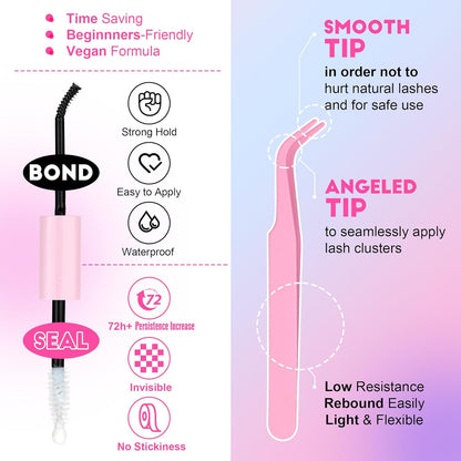 Extension Kit DIY 280pcs Lash Clusters Eyelash Extension Kit, 9-16mm 30D 40D Individual Lashes Kit with Lash Bond and Seal, Lash Tweezers for Self Use