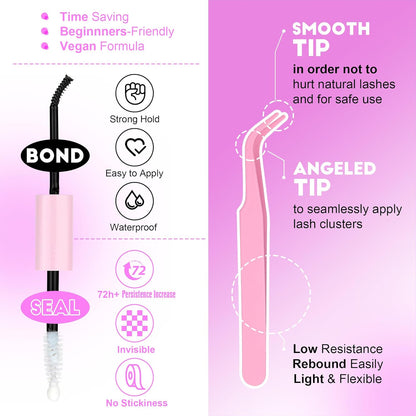 Extension Kit DIY 280pcs Lash Clusters Eyelash Extension Kit, 9-16mm 30D 40D Individual Lashes Kit with Lash Bond and Seal, Lash Tweezers for Self Use