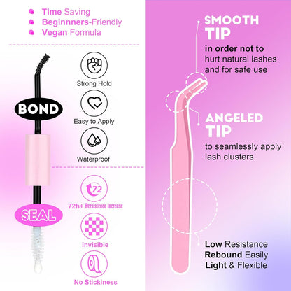 Extension Kit DIY 280pcs Lash Clusters Eyelash Extension Kit, 9-16mm 30D 40D Individual Lashes Kit with Lash Bond and Seal, Lash Tweezers for Self Use