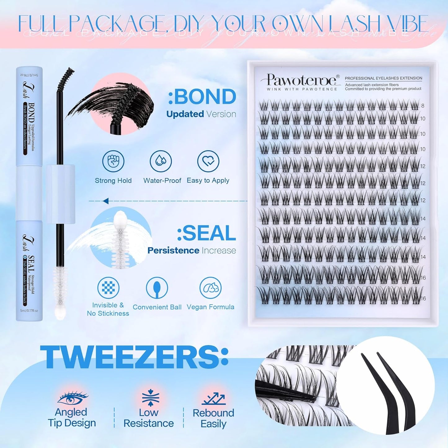 Extension Kit DIY 280pcs Lash Clusters Eyelash Extension Kit, 9-16mm 30D 40D Individual Lashes Kit with Lash Bond and Seal, Lash Tweezers for Self Use