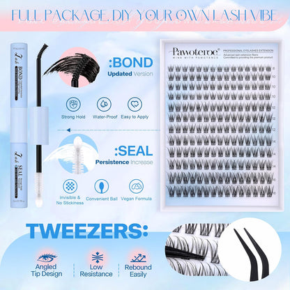 Extension Kit DIY 280pcs Lash Clusters Eyelash Extension Kit, 9-16mm 30D 40D Individual Lashes Kit with Lash Bond and Seal, Lash Tweezers for Self Use
