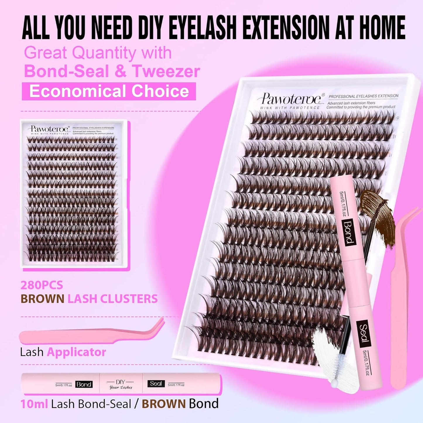 Extension Kit DIY 280pcs Lash Clusters Eyelash Extension Kit, 9-16mm 30D 40D Individual Lashes Kit with Lash Bond and Seal, Lash Tweezers for Self Use