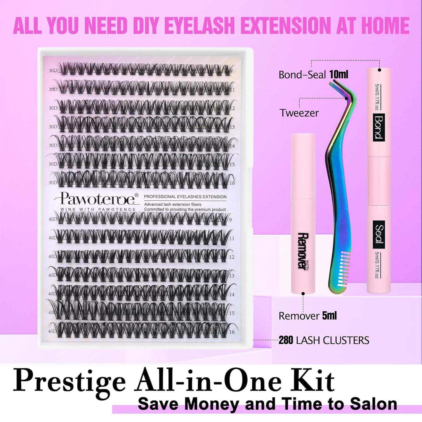 Extension Kit DIY 280pcs Lash Clusters Eyelash Extension Kit, 9-16mm 30D 40D Individual Lashes Kit with Lash Bond and Seal, Lash Tweezers for Self Use