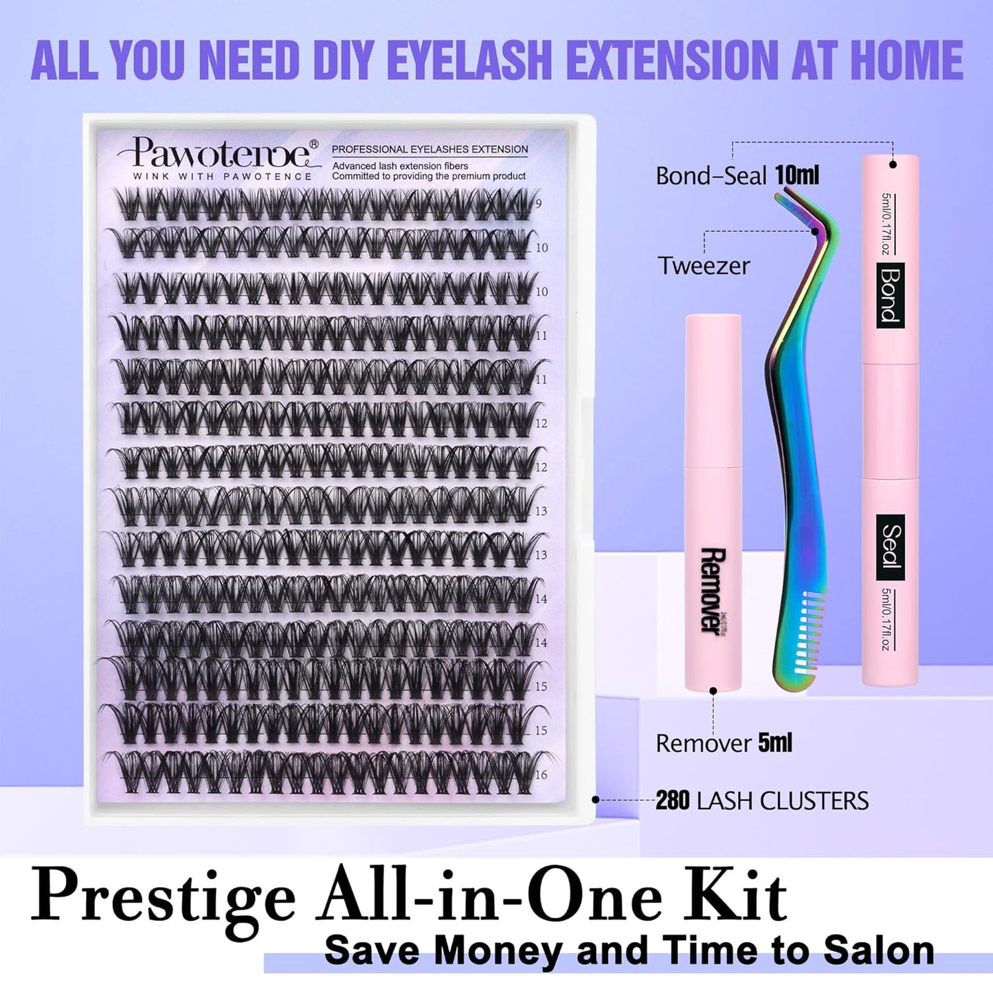 Extension Kit DIY 280pcs Lash Clusters Eyelash Extension Kit, 9-16mm 30D 40D Individual Lashes Kit with Lash Bond and Seal, Lash Tweezers for Self Use