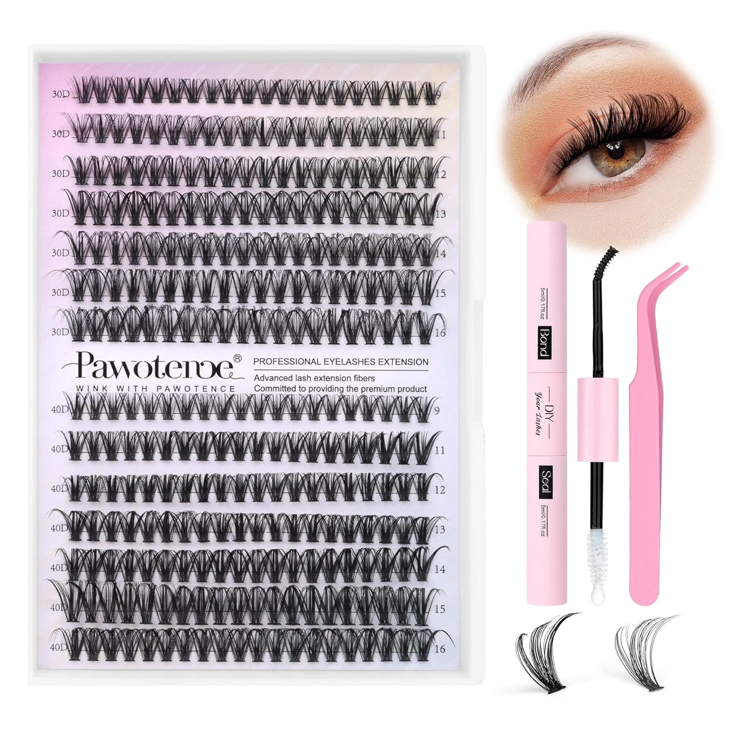 Extension Kit DIY 280pcs Lash Clusters Eyelash Extension Kit, 9-16mm 30D 40D Individual Lashes Kit with Lash Bond and Seal, Lash Tweezers for Self Use