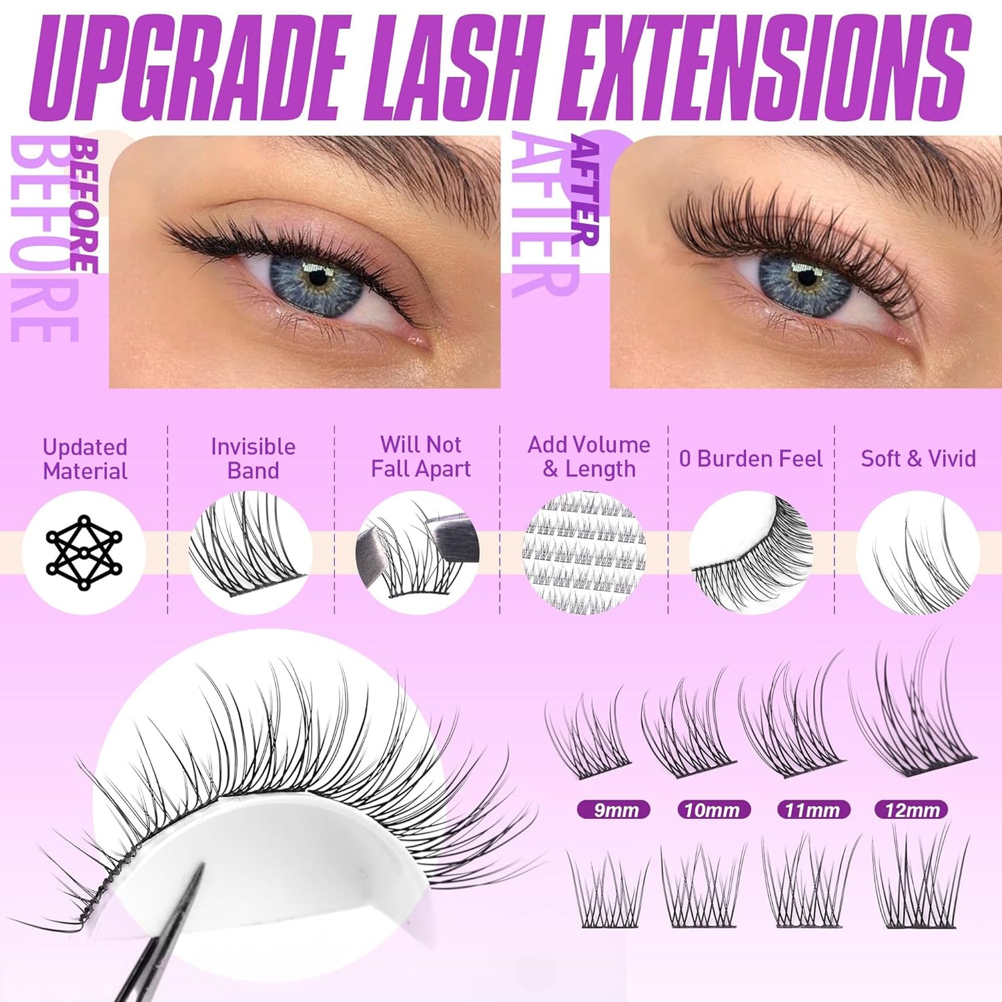 Extension Kit DIY 280pcs Lash Clusters Eyelash Extension Kit, 9-16mm 30D 40D Individual Lashes Kit with Lash Bond and Seal, Lash Tweezers for Self Use