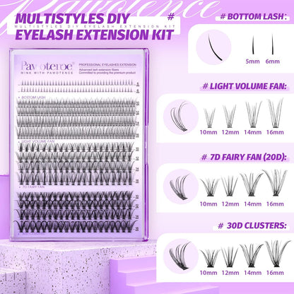 Extension Kit DIY 280pcs Lash Clusters Eyelash Extension Kit, 9-16mm 30D 40D Individual Lashes Kit with Lash Bond and Seal, Lash Tweezers for Self Use