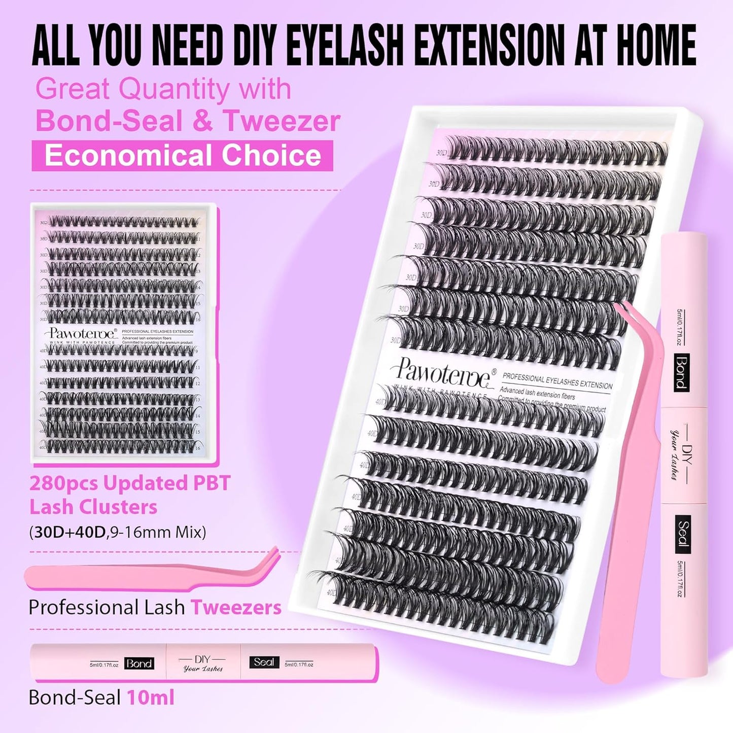 Extension Kit DIY 280pcs Lash Clusters Eyelash Extension Kit, 9-16mm 30D 40D Individual Lashes Kit with Lash Bond and Seal, Lash Tweezers for Self Use
