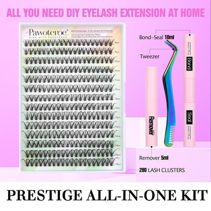 Extension Kit DIY 280pcs Lash Clusters Eyelash Extension Kit, 9-16mm 30D 40D Individual Lashes Kit with Lash Bond and Seal, Lash Tweezers for Self Use