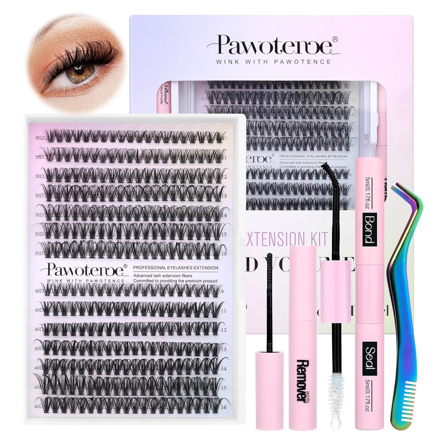 Extension Kit DIY 280pcs Lash Clusters Eyelash Extension Kit, 9-16mm 30D 40D Individual Lashes Kit with Lash Bond and Seal, Lash Tweezers for Self Use
