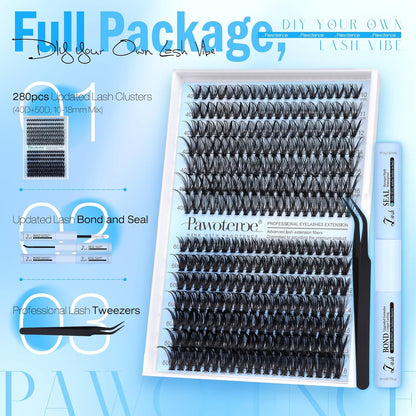 Extension Kit DIY 280pcs Lash Clusters Eyelash Extension Kit, 9-16mm 30D 40D Individual Lashes Kit with Lash Bond and Seal, Lash Tweezers for Self Use