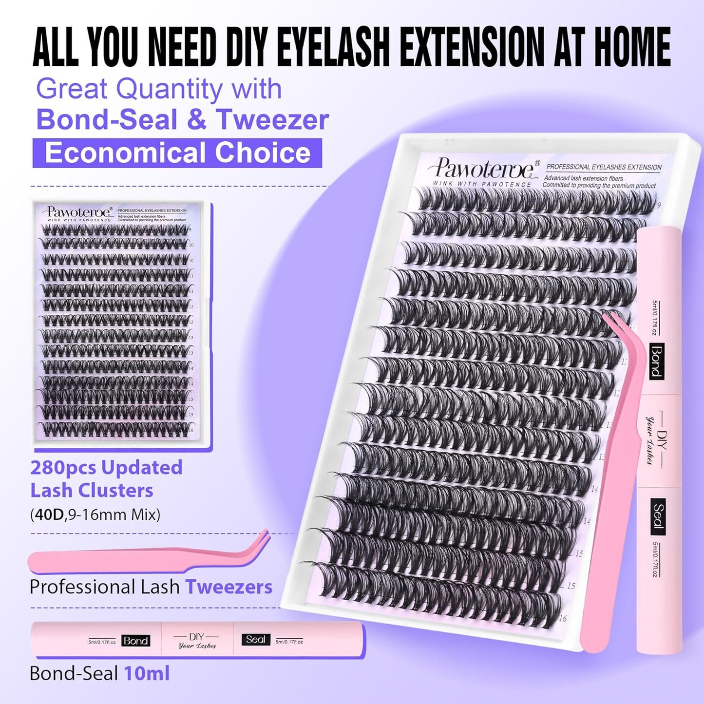 Extension Kit DIY 280pcs Lash Clusters Eyelash Extension Kit, 9-16mm 30D 40D Individual Lashes Kit with Lash Bond and Seal, Lash Tweezers for Self Use