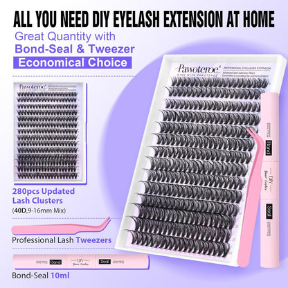 Extension Kit DIY 280pcs Lash Clusters Eyelash Extension Kit, 9-16mm 30D 40D Individual Lashes Kit with Lash Bond and Seal, Lash Tweezers for Self Use