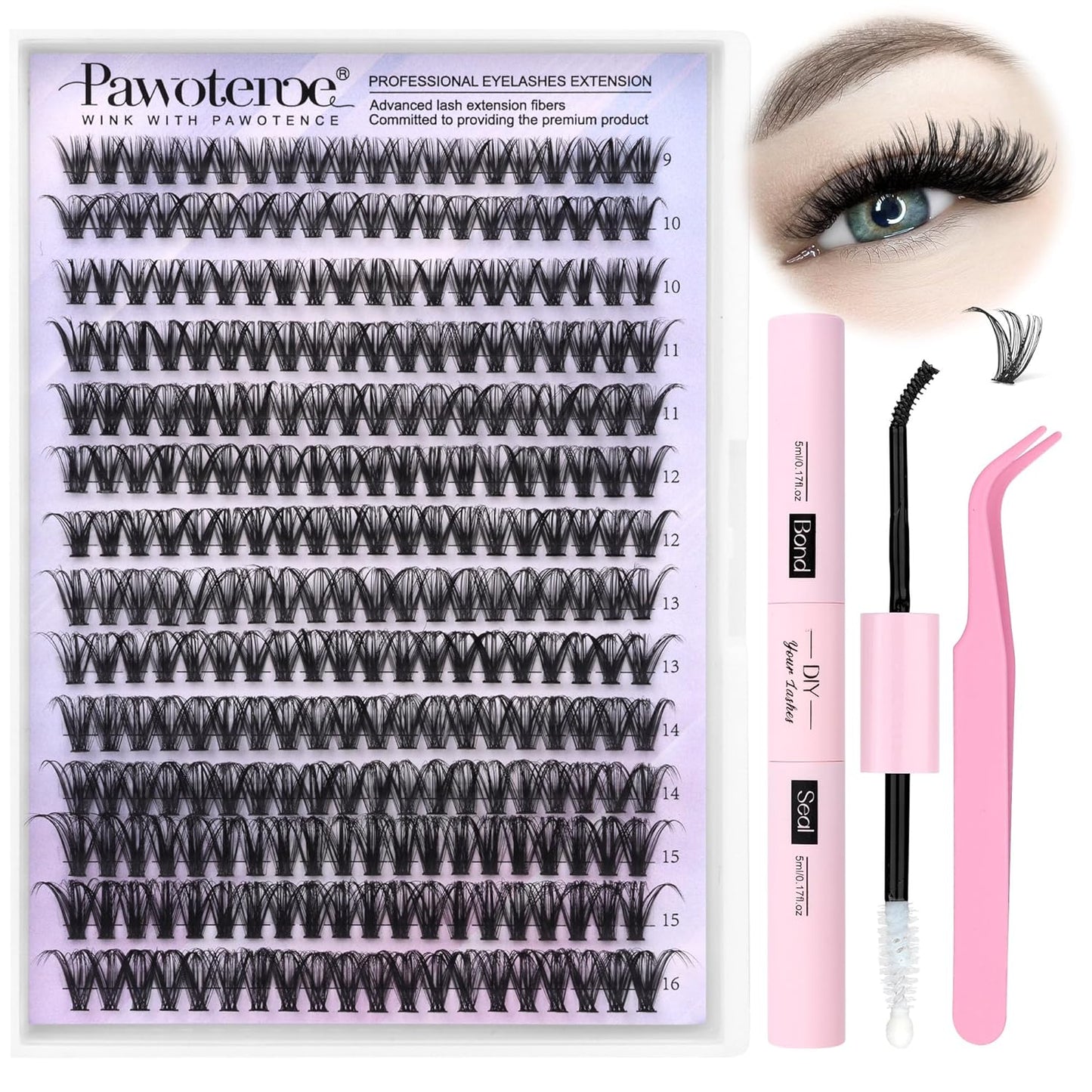 Extension Kit DIY 280pcs Lash Clusters Eyelash Extension Kit, 9-16mm 30D 40D Individual Lashes Kit with Lash Bond and Seal, Lash Tweezers for Self Use