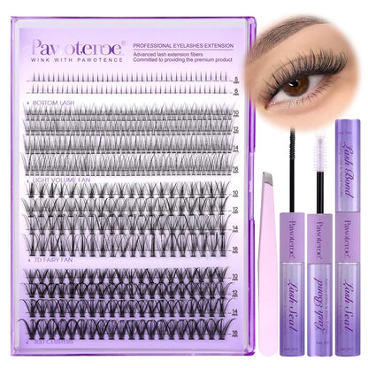Extension Kit DIY 280pcs Lash Clusters Eyelash Extension Kit, 9-16mm 30D 40D Individual Lashes Kit with Lash Bond and Seal, Lash Tweezers for Self Use