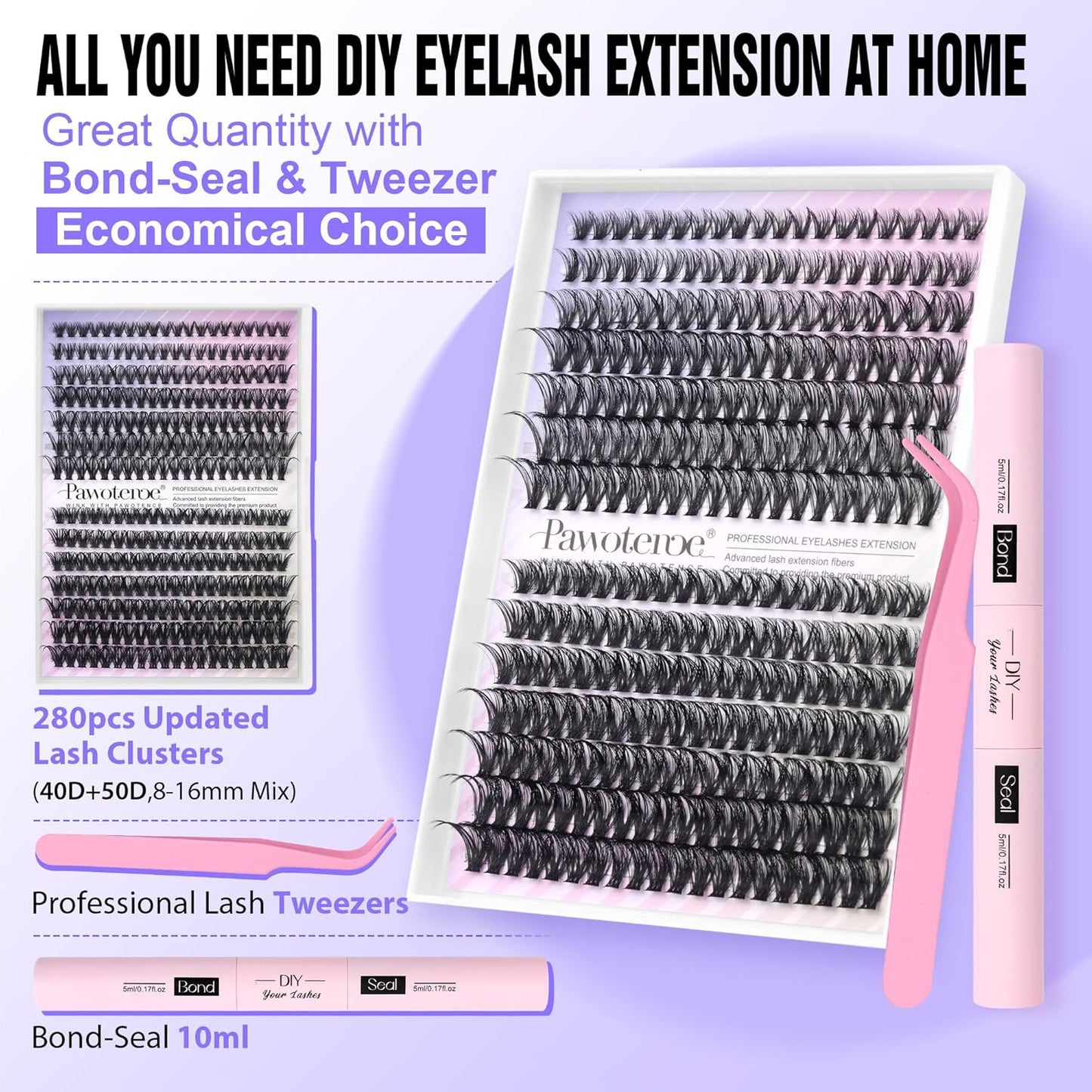 Extension Kit DIY 280pcs Lash Clusters Eyelash Extension Kit, 9-16mm 30D 40D Individual Lashes Kit with Lash Bond and Seal, Lash Tweezers for Self Use