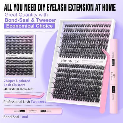 Extension Kit DIY 280pcs Lash Clusters Eyelash Extension Kit, 9-16mm 30D 40D Individual Lashes Kit with Lash Bond and Seal, Lash Tweezers for Self Use