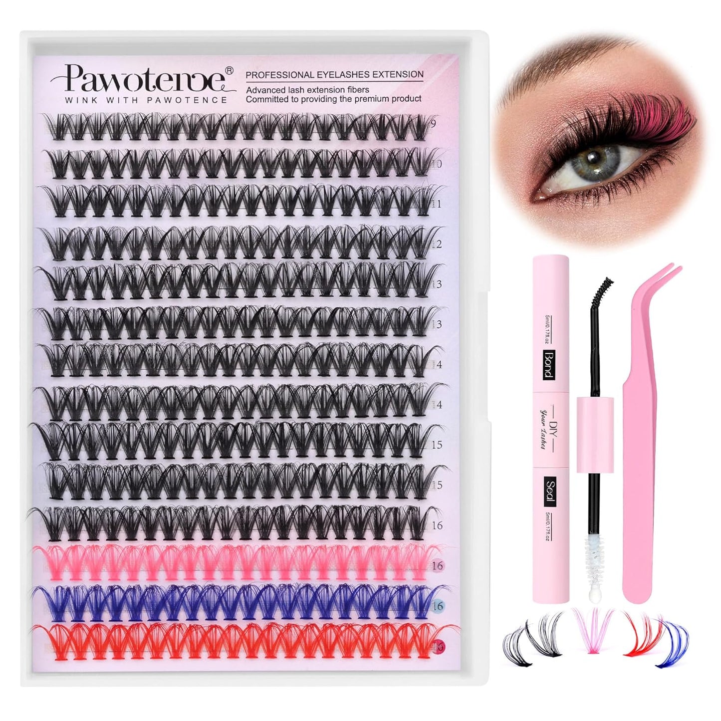 Extension Kit DIY 280pcs Lash Clusters Eyelash Extension Kit, 9-16mm 30D 40D Individual Lashes Kit with Lash Bond and Seal, Lash Tweezers for Self Use