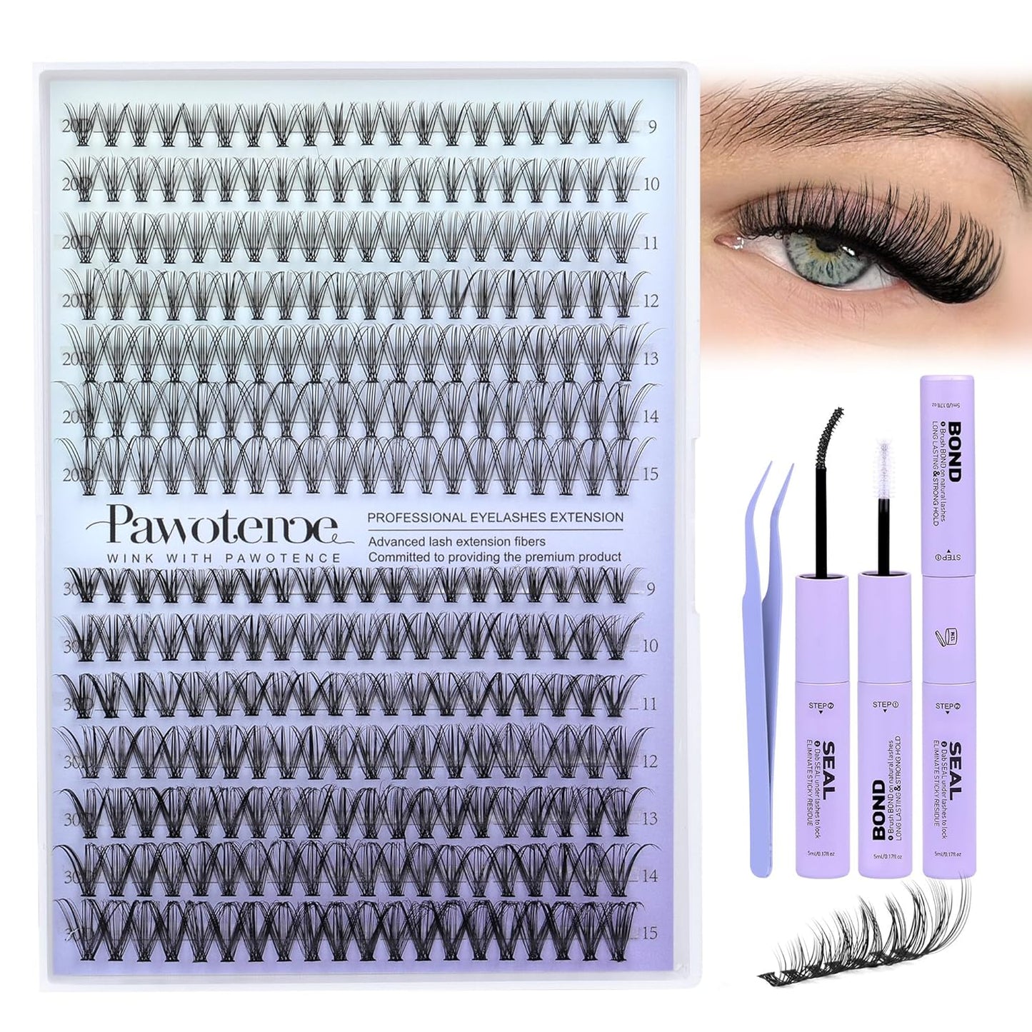 Extension Kit DIY 280pcs Lash Clusters Eyelash Extension Kit, 9-16mm 30D 40D Individual Lashes Kit with Lash Bond and Seal, Lash Tweezers for Self Use