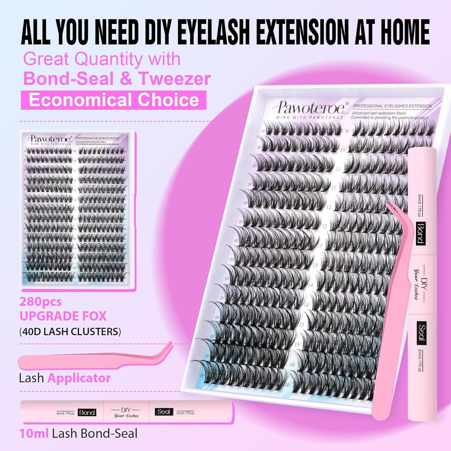 Extension Kit DIY 280pcs Lash Clusters Eyelash Extension Kit, 9-16mm 30D 40D Individual Lashes Kit with Lash Bond and Seal, Lash Tweezers for Self Use