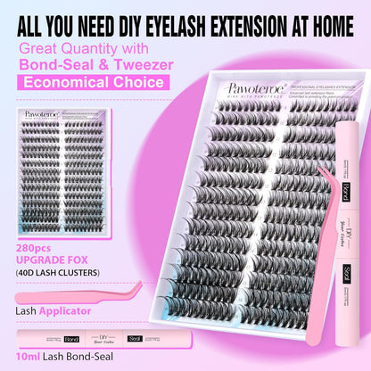 Extension Kit DIY 280pcs Lash Clusters Eyelash Extension Kit, 9-16mm 30D 40D Individual Lashes Kit with Lash Bond and Seal, Lash Tweezers for Self Use