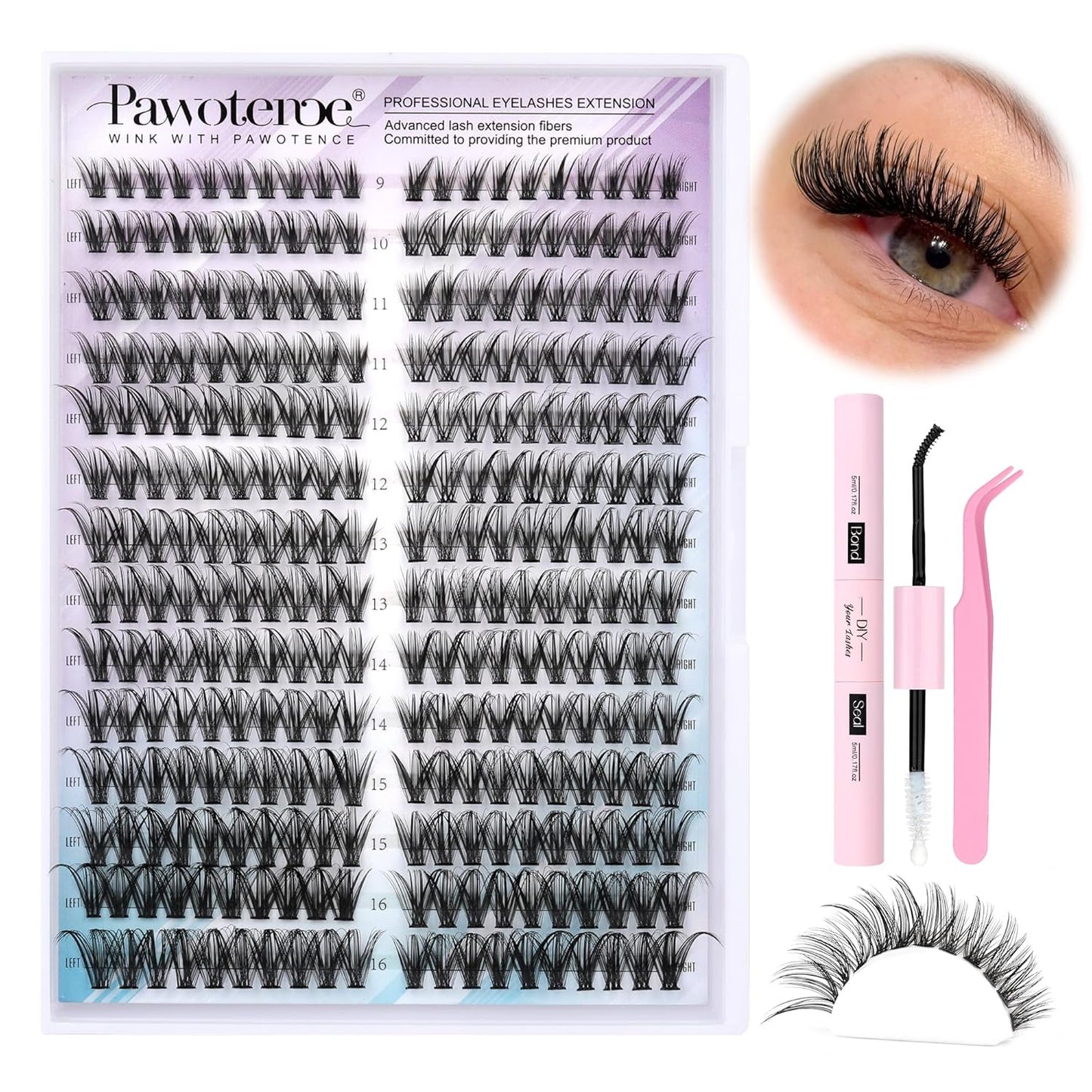 Extension Kit DIY 280pcs Lash Clusters Eyelash Extension Kit, 9-16mm 30D 40D Individual Lashes Kit with Lash Bond and Seal, Lash Tweezers for Self Use