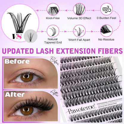 Extension Kit DIY 280pcs Lash Clusters Eyelash Extension Kit, 9-16mm 30D 40D Individual Lashes Kit with Lash Bond and Seal, Lash Tweezers for Self Use
