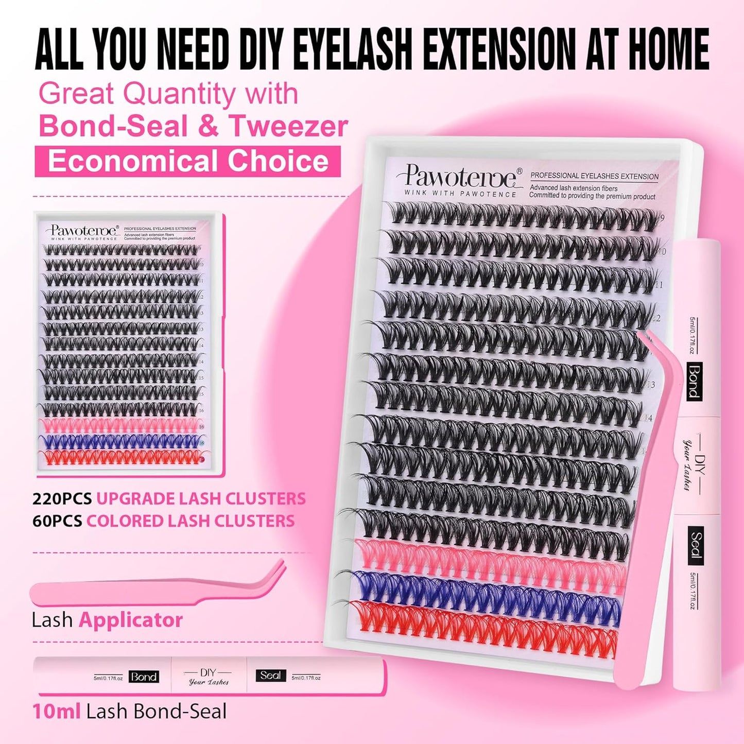 Extension Kit DIY 280pcs Lash Clusters Eyelash Extension Kit, 9-16mm 30D 40D Individual Lashes Kit with Lash Bond and Seal, Lash Tweezers for Self Use