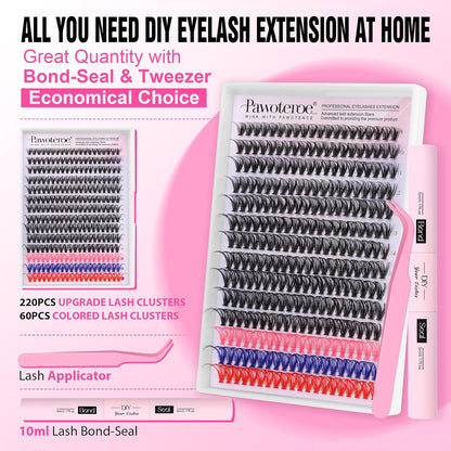 Extension Kit DIY 280pcs Lash Clusters Eyelash Extension Kit, 9-16mm 30D 40D Individual Lashes Kit with Lash Bond and Seal, Lash Tweezers for Self Use