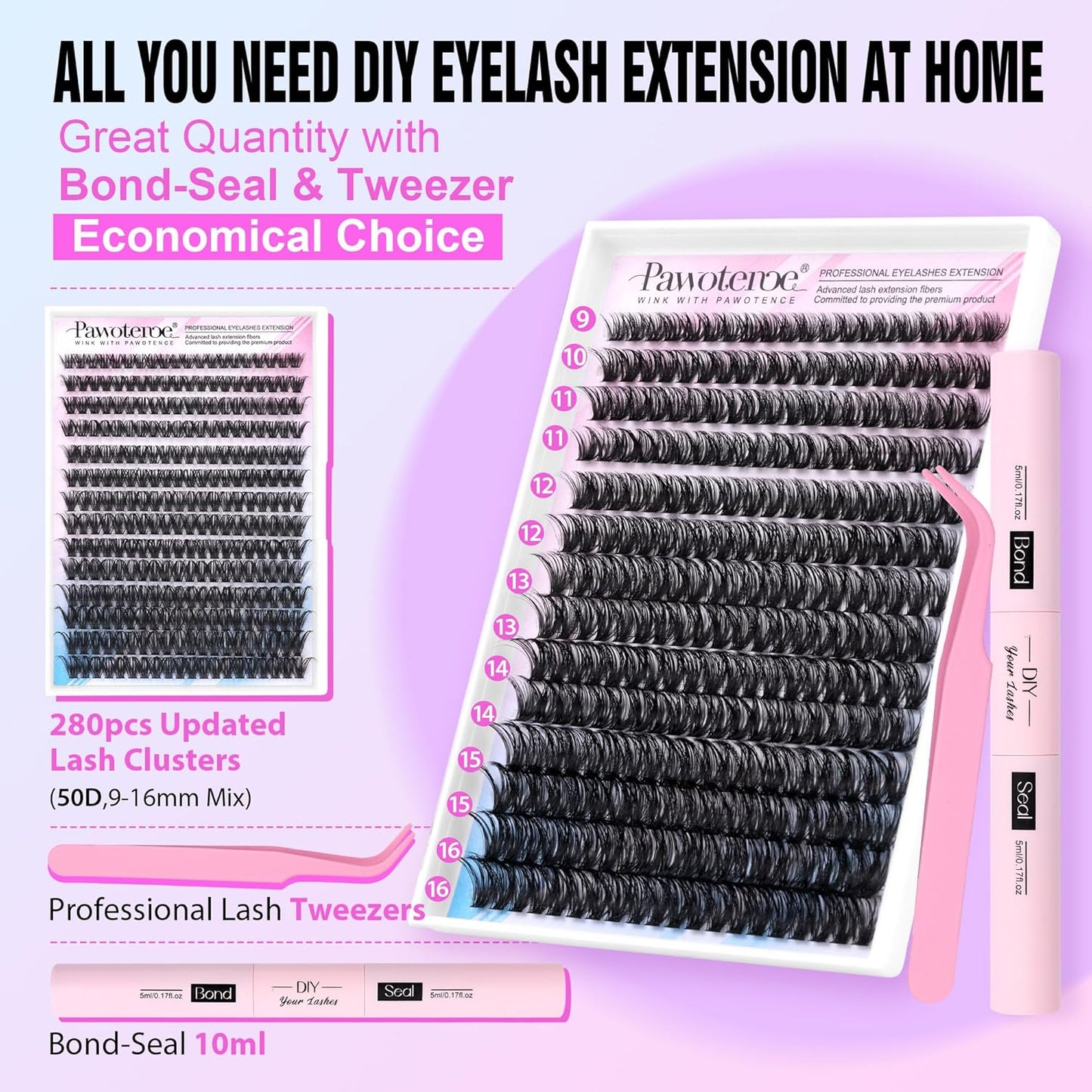 Extension Kit DIY 280pcs Lash Clusters Eyelash Extension Kit, 9-16mm 30D 40D Individual Lashes Kit with Lash Bond and Seal, Lash Tweezers for Self Use