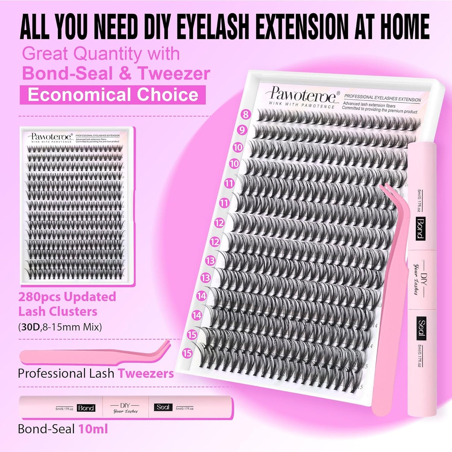 Extension Kit DIY 280pcs Lash Clusters Eyelash Extension Kit, 9-16mm 30D 40D Individual Lashes Kit with Lash Bond and Seal, Lash Tweezers for Self Use