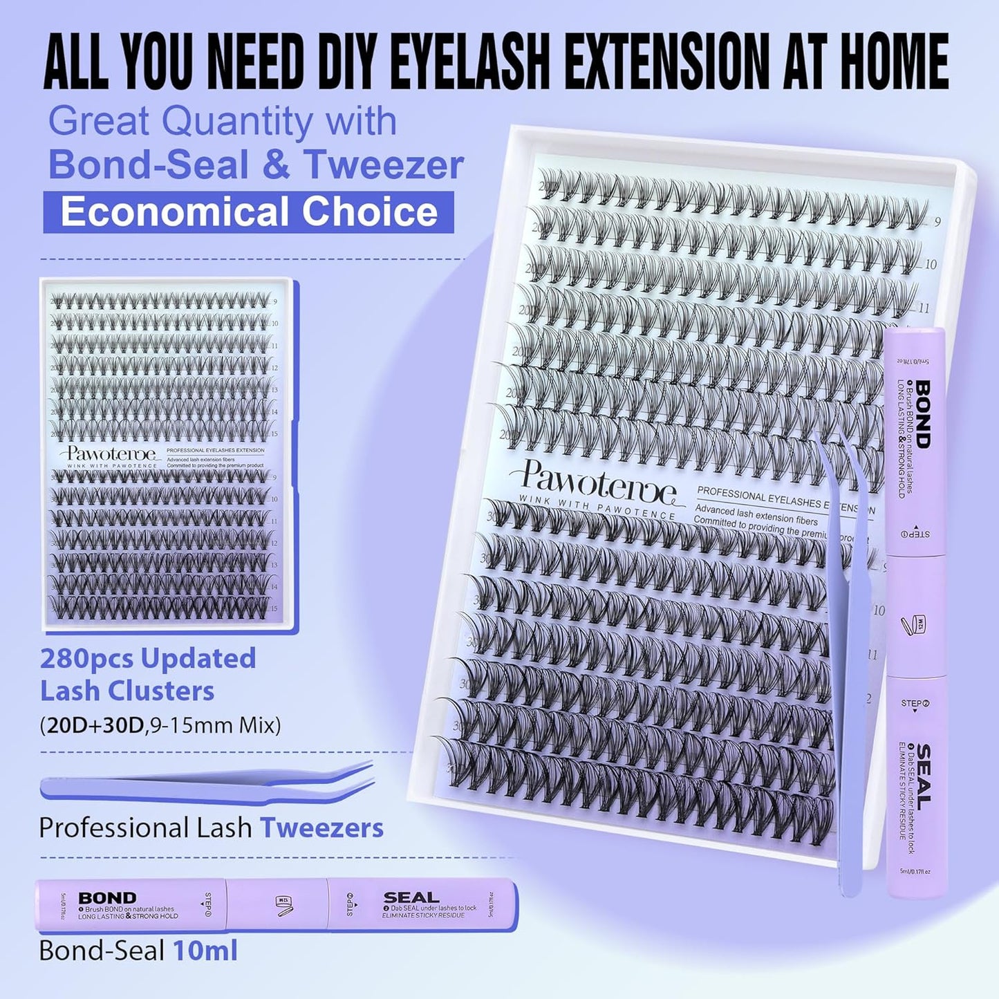 Extension Kit DIY 280pcs Lash Clusters Eyelash Extension Kit, 9-16mm 30D 40D Individual Lashes Kit with Lash Bond and Seal, Lash Tweezers for Self Use